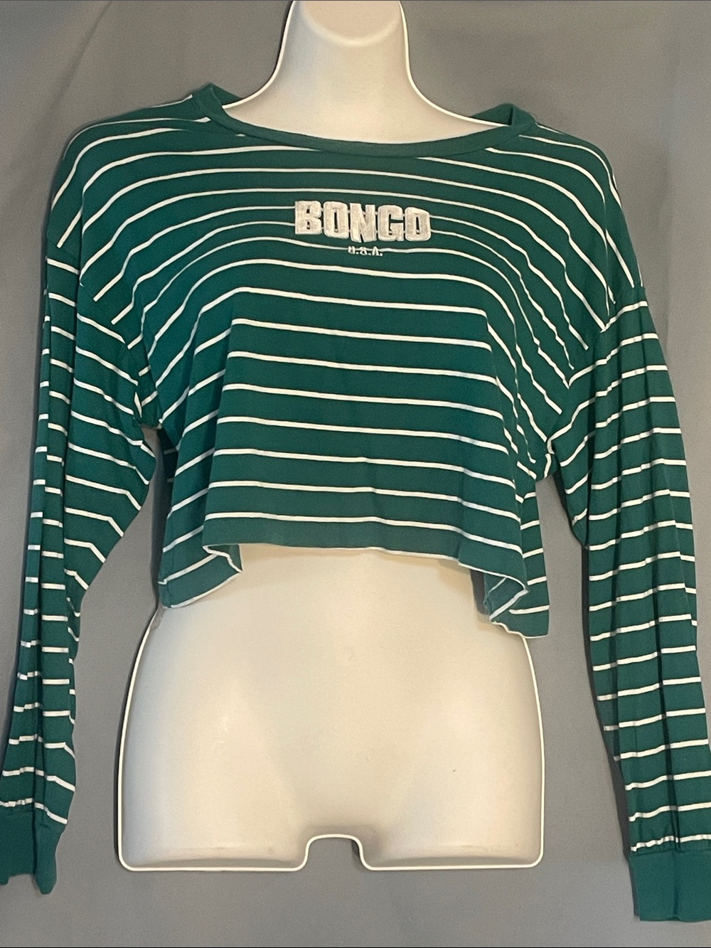 BONGO Teal and White Striped Cropped Long-Sleeve Top